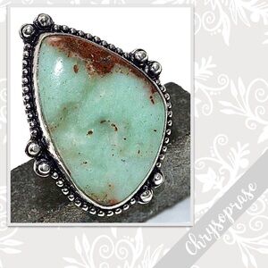 Chrysoprase Large Eclectic Silver Artisan Ring, Size 9 (Mint Green)